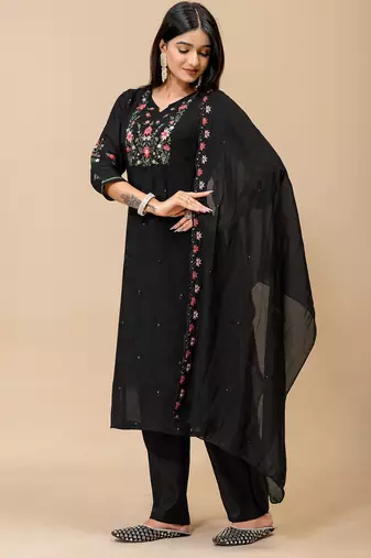 Black floral embroidered mul cotton kurta pant set for women