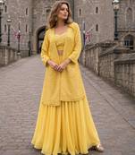 Yellow georgette free size stitched suit with embroidery & beats work
