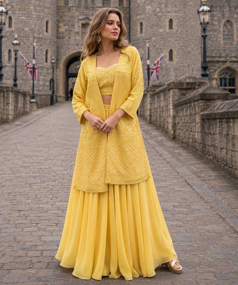 Yellow georgette free size stitched suit with embroidery & beats work