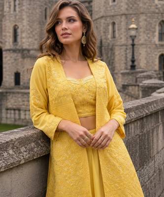 Yellow georgette free size stitched suit with embroidery & beats work 2