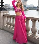 Pink silk free size stitched suit with embroidery work