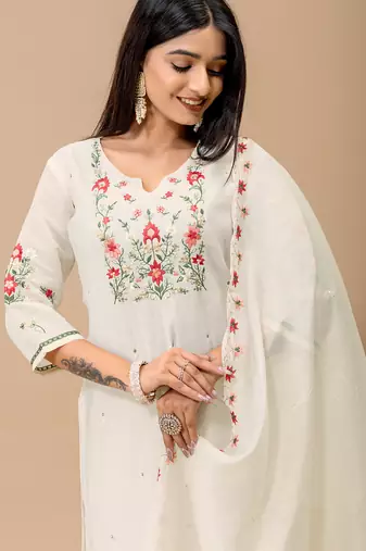 White floral embroidered mul cotton kurta pant set for women