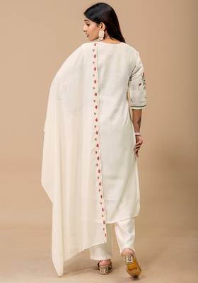White floral embroidered mul cotton kurta pant set for women 6