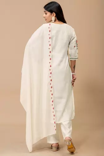 White floral embroidered mul cotton kurta pant set for women
