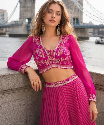 Pink silk free size stitched suit with embroidery work 2