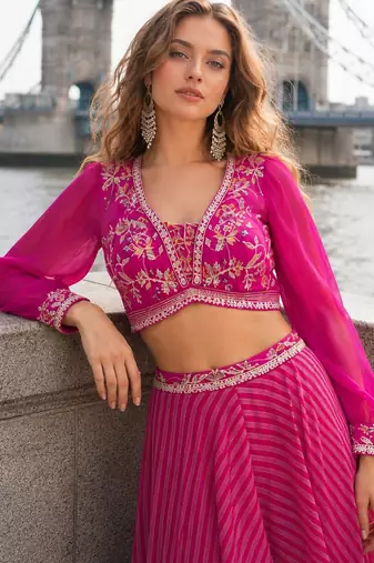 Pink silk free size stitched suit with embroidery work