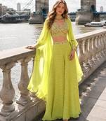 Green silk free size stitched suit with embroidery work