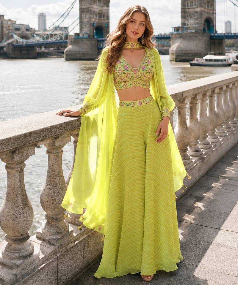 Green silk free size stitched suit with embroidery work