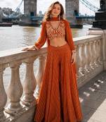 Orange silk free size stitched suit with embroidery work