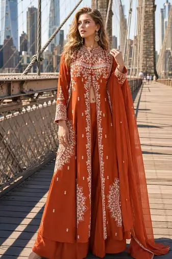 Orange silk free size stitched suit with embroidery work
