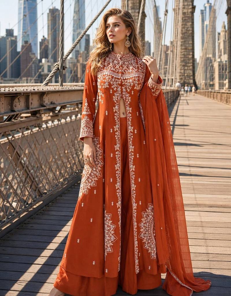 Orange silk free size stitched suit with embroidery work