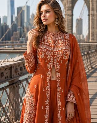 Orange silk free size stitched suit with embroidery work 2