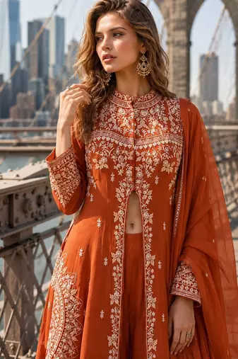Orange silk free size stitched suit with embroidery work