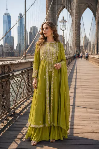 Mehendi silk free size stitched suit with embroidery work