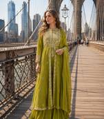 Mehendi silk free size stitched suit with embroidery work