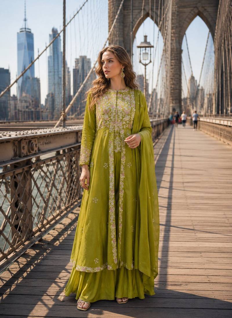 Mehendi silk free size stitched suit with embroidery work