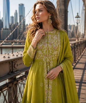 Mehendi silk free size stitched suit with embroidery work 2