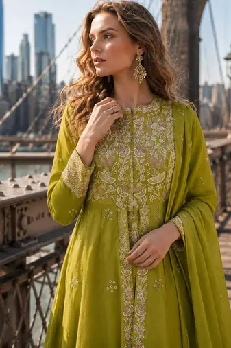 Mehendi silk free size stitched suit with embroidery work