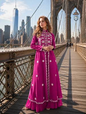 Rani pink silk free size stitched suit with embroidery work 1