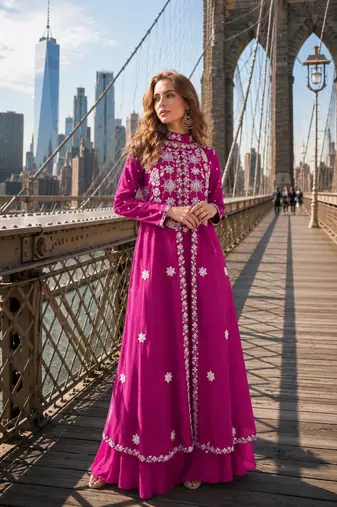 Rani pink silk free size stitched suit with embroidery work
