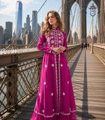 Rani pink silk free size stitched suit with embroidery work