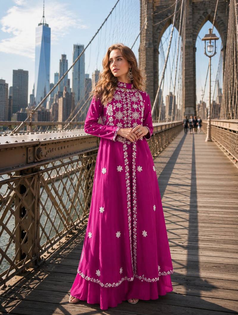 Rani pink silk free size stitched suit with embroidery work