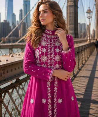Rani pink silk free size stitched suit with embroidery work 2