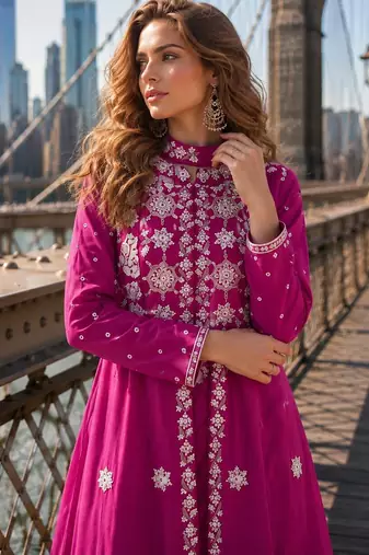 Rani pink silk free size stitched suit with embroidery work