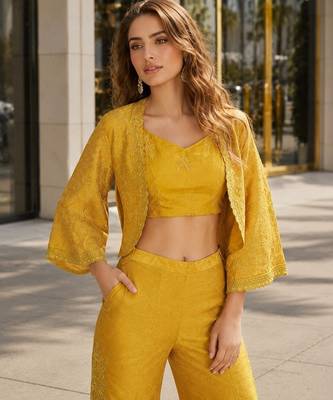 Mustard silk free size stitched suit with embroidery work 2