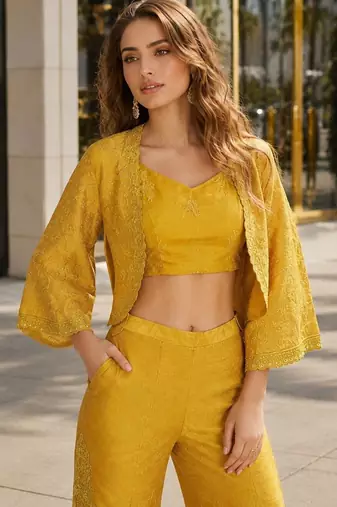Mustard silk free size stitched suit with embroidery work
