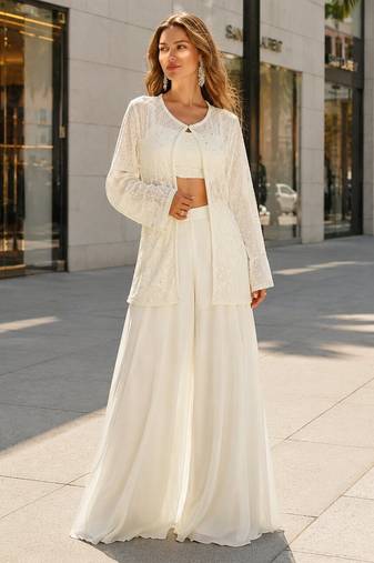 White silk free size stitched suit with embroidery work