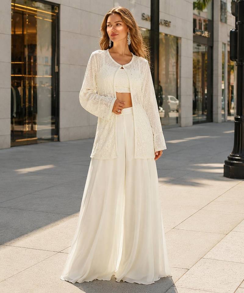White silk free size stitched suit with embroidery work