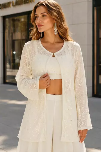 White silk free size stitched suit with embroidery work