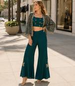 Teal green silk free size stitched suit with embroidery work