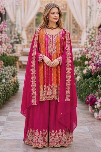 Pink chinon free size stitched suit with embroidery work