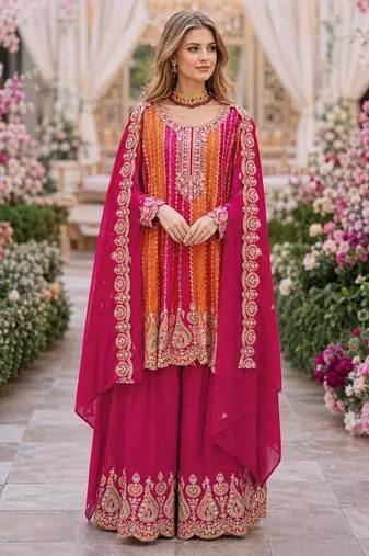 Pink chinon free size stitched suit with embroidery work