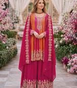 Pink chinon free size stitched suit with embroidery work