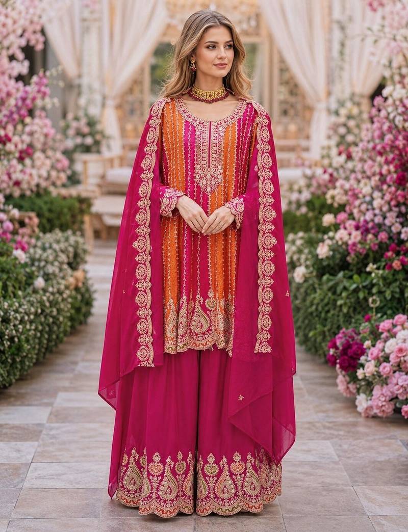 Pink chinon free size stitched suit with embroidery work