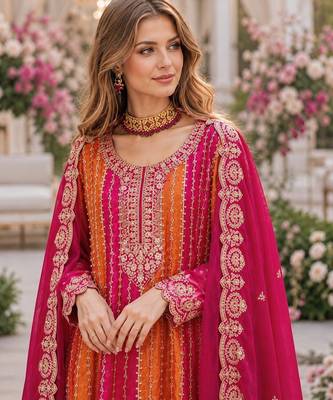 Pink chinon free size stitched suit with embroidery work 2