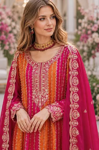 Pink chinon free size stitched suit with embroidery work