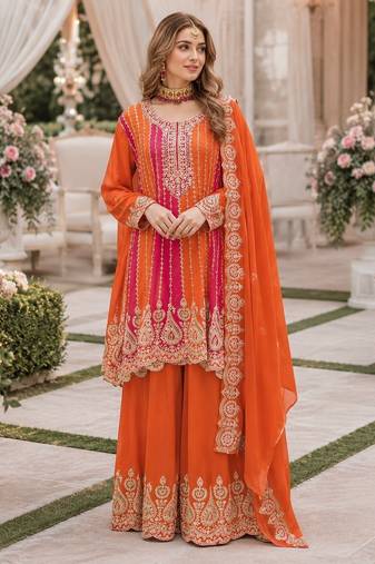 Orange chinon free size stitched suit with embroidery work