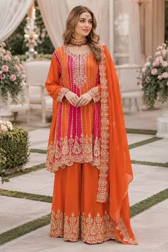 Orange chinon free size stitched suit with embroidery work