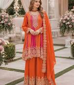 Orange chinon free size stitched suit with embroidery work