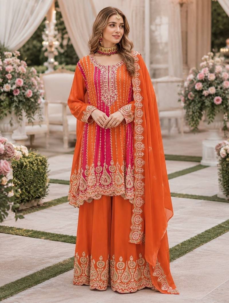 Orange chinon free size stitched suit with embroidery work