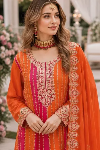Orange chinon free size stitched suit with embroidery work