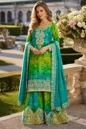 Blue chinon free size stitched suit with embroidery work