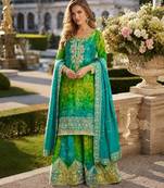 Blue chinon free size stitched suit with embroidery work