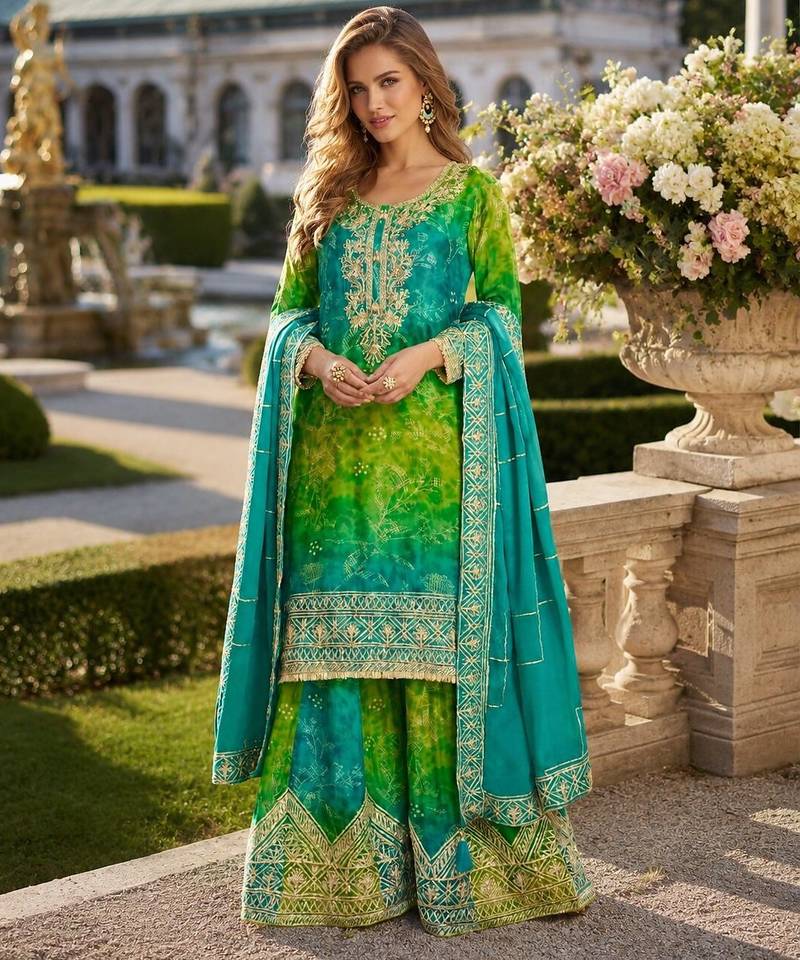 Blue chinon free size stitched suit with embroidery work