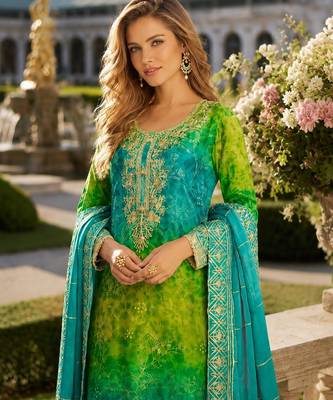 Blue chinon free size stitched suit with embroidery work 2