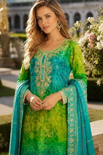 Blue chinon free size stitched suit with embroidery work